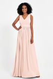 Modest Long Chiffon Bridesmaid Dress Sleeveless Pleated Ruched Formal Evening Dresses Gowns