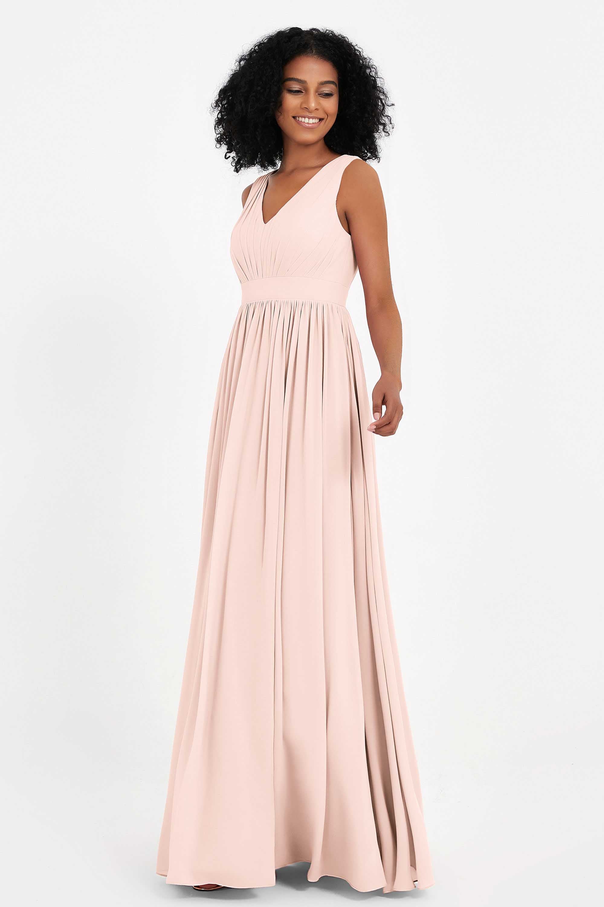 Modest Long Chiffon Bridesmaid Dress Sleeveless Pleated Ruched Formal Evening Dresses Gowns