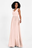 Modest Long Chiffon Bridesmaid Dress Sleeveless Pleated Ruched Formal Evening Dresses Gowns