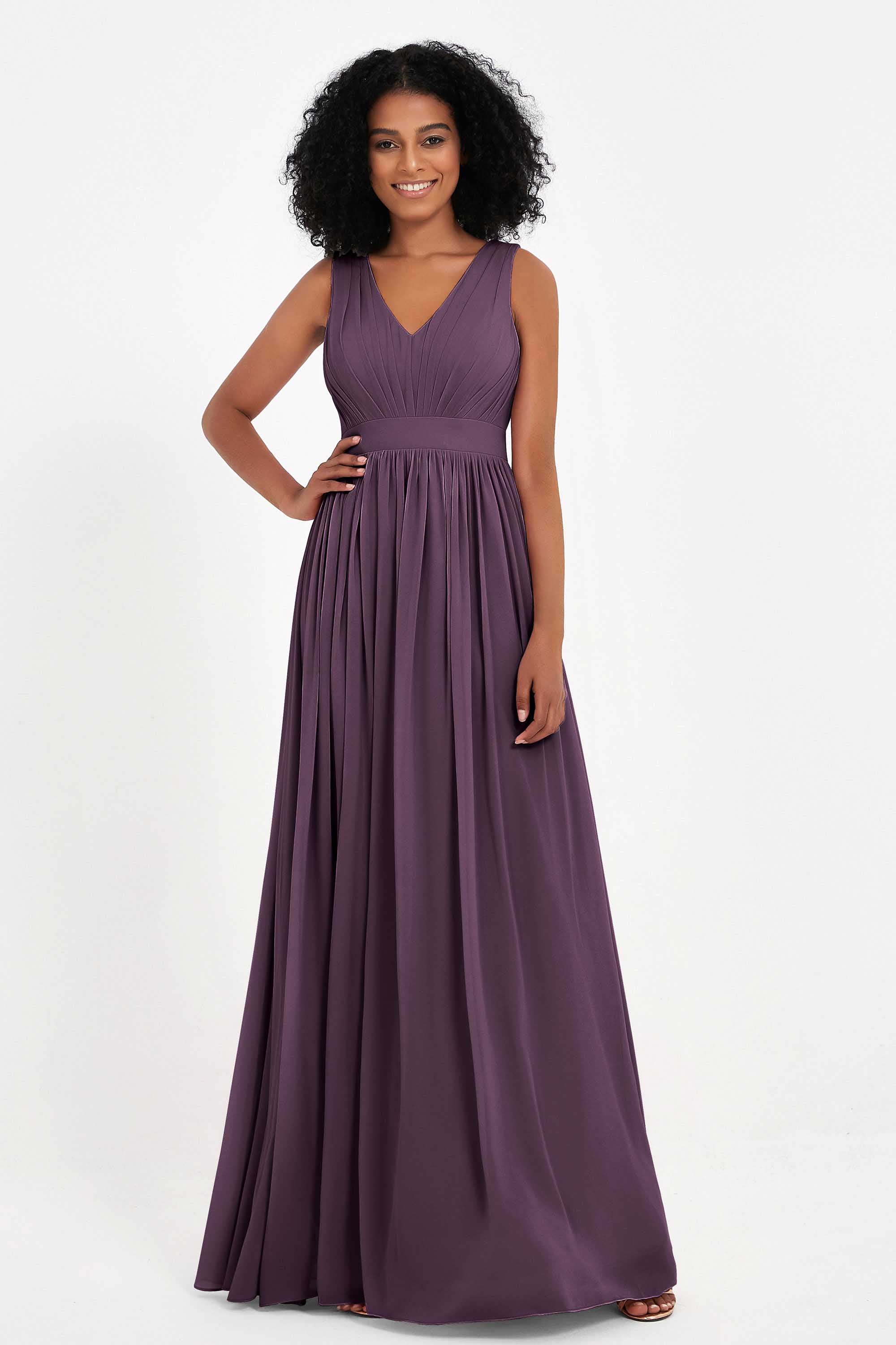 Modest Long Chiffon Bridesmaid Dress Sleeveless Pleated Ruched Formal Evening Dresses Gowns
