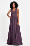 Modest Long Chiffon Bridesmaid Dress Sleeveless Pleated Ruched Formal Evening Dresses Gowns