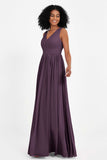 Modest Long Chiffon Bridesmaid Dress Sleeveless Pleated Ruched Formal Evening Dresses Gowns