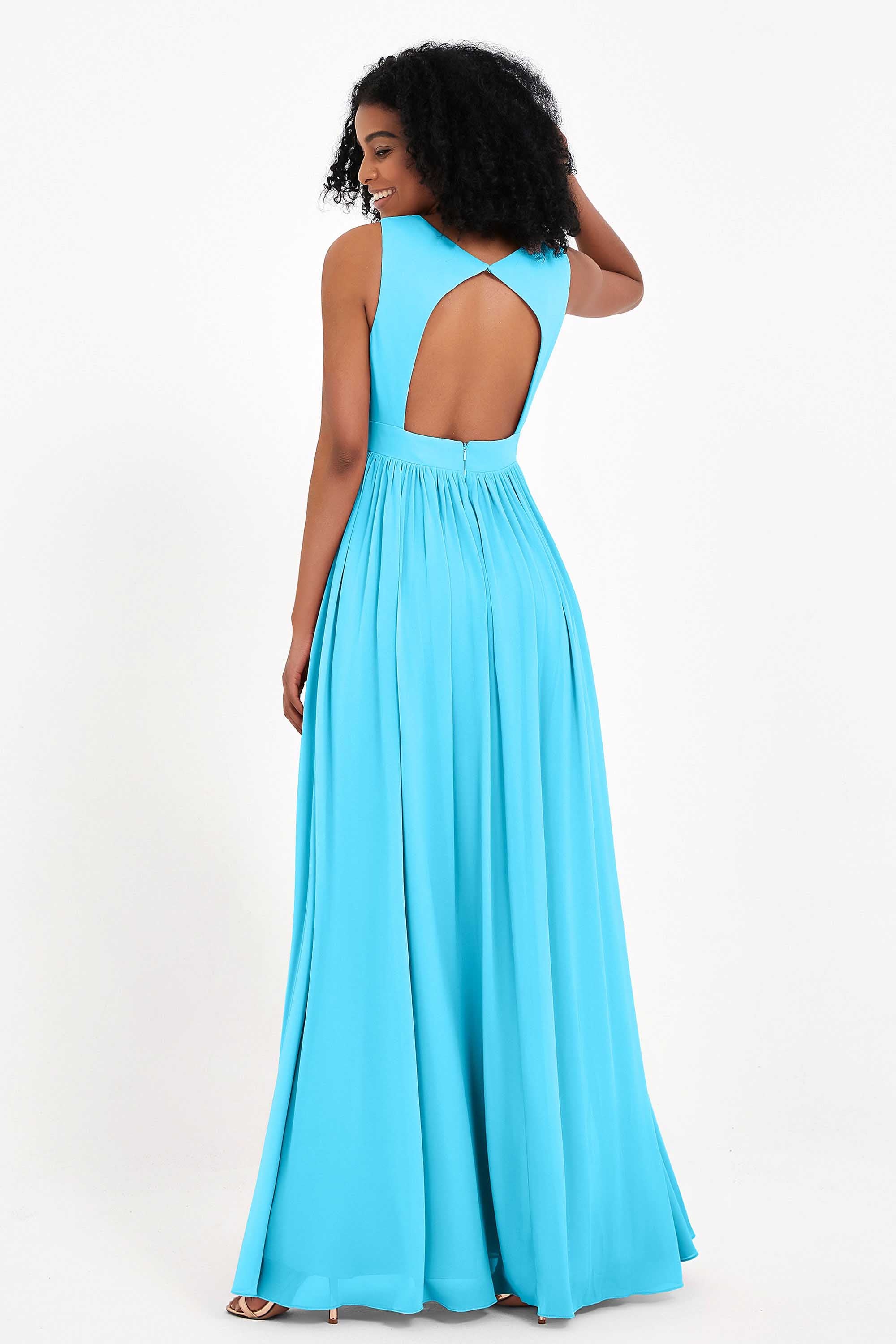 Modest Long Chiffon Bridesmaid Dress Sleeveless Pleated Ruched Formal Evening Dresses Gowns