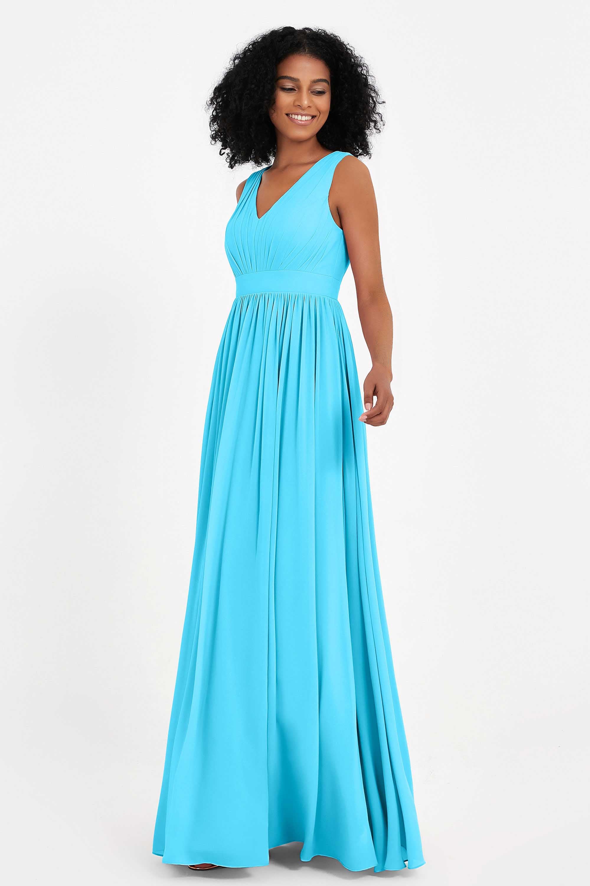 Modest Long Chiffon Bridesmaid Dress Sleeveless Pleated Ruched Formal Evening Dresses Gowns