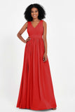 Modest Long Chiffon Bridesmaid Dress Sleeveless Pleated Ruched Formal Evening Dresses Gowns