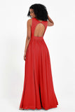 Modest Long Chiffon Bridesmaid Dress Sleeveless Pleated Ruched Formal Evening Dresses Gowns