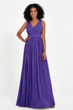 Modest Long Chiffon Bridesmaid Dress Sleeveless Pleated Ruched Formal Evening Dresses Gowns