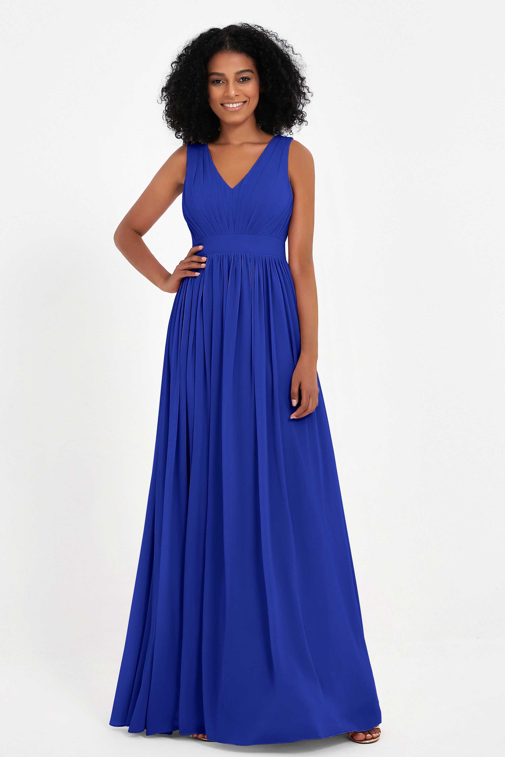Modest Long Chiffon Bridesmaid Dress Sleeveless Pleated Ruched Formal Evening Dresses Gowns