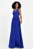 Modest Long Chiffon Bridesmaid Dress Sleeveless Pleated Ruched Formal Evening Dresses Gowns