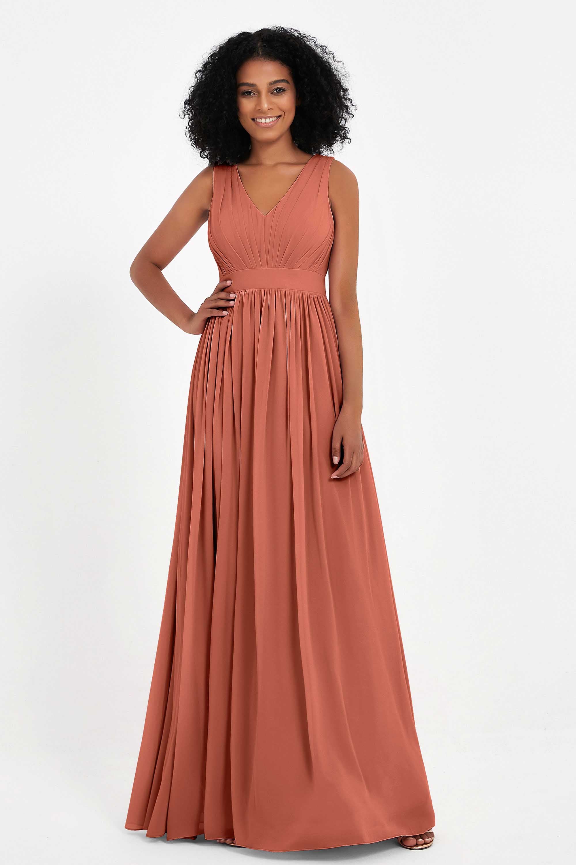 Modest Long Chiffon Bridesmaid Dress Sleeveless Pleated Ruched Formal Evening Dresses Gowns