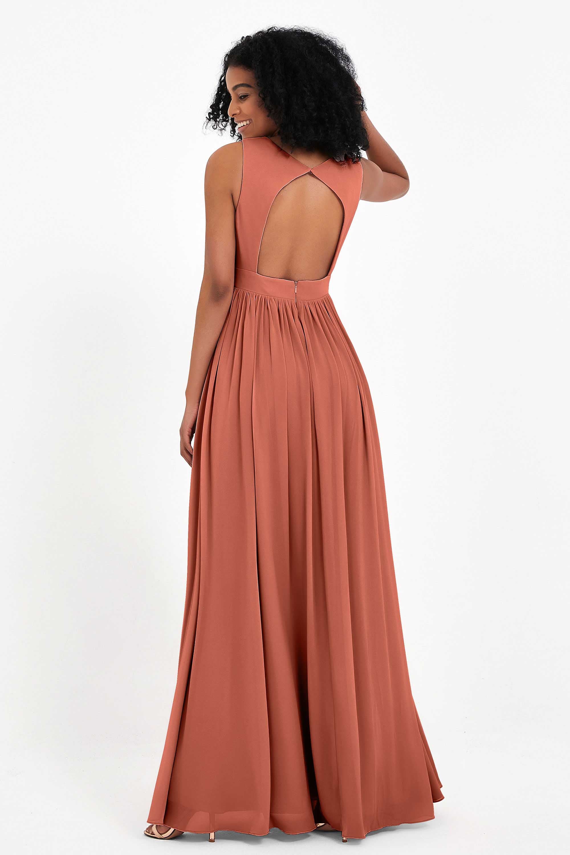 Modest Long Chiffon Bridesmaid Dress Sleeveless Pleated Ruched Formal Evening Dresses Gowns