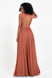Modest Long Chiffon Bridesmaid Dress Sleeveless Pleated Ruched Formal Evening Dresses Gowns
