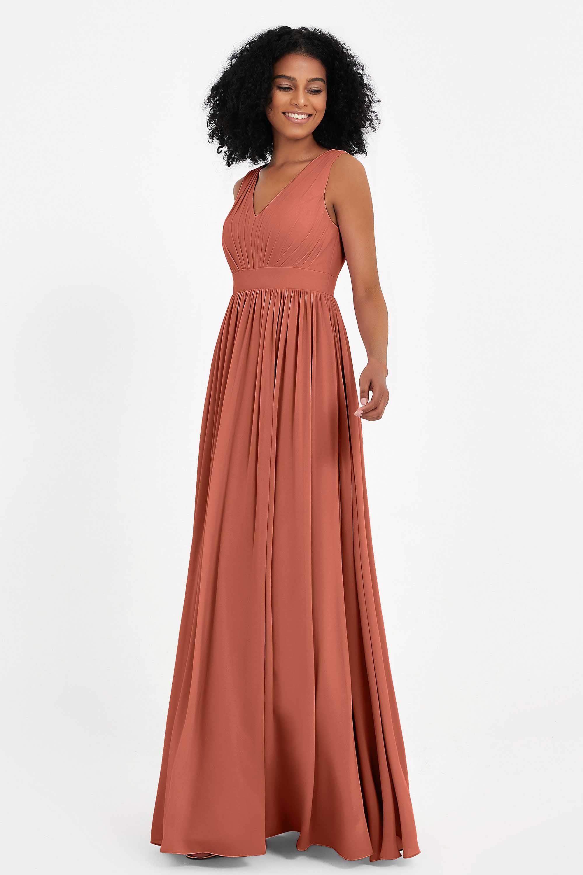 Modest Long Chiffon Bridesmaid Dress Sleeveless Pleated Ruched Formal Evening Dresses Gowns