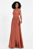 Modest Long Chiffon Bridesmaid Dress Sleeveless Pleated Ruched Formal Evening Dresses Gowns