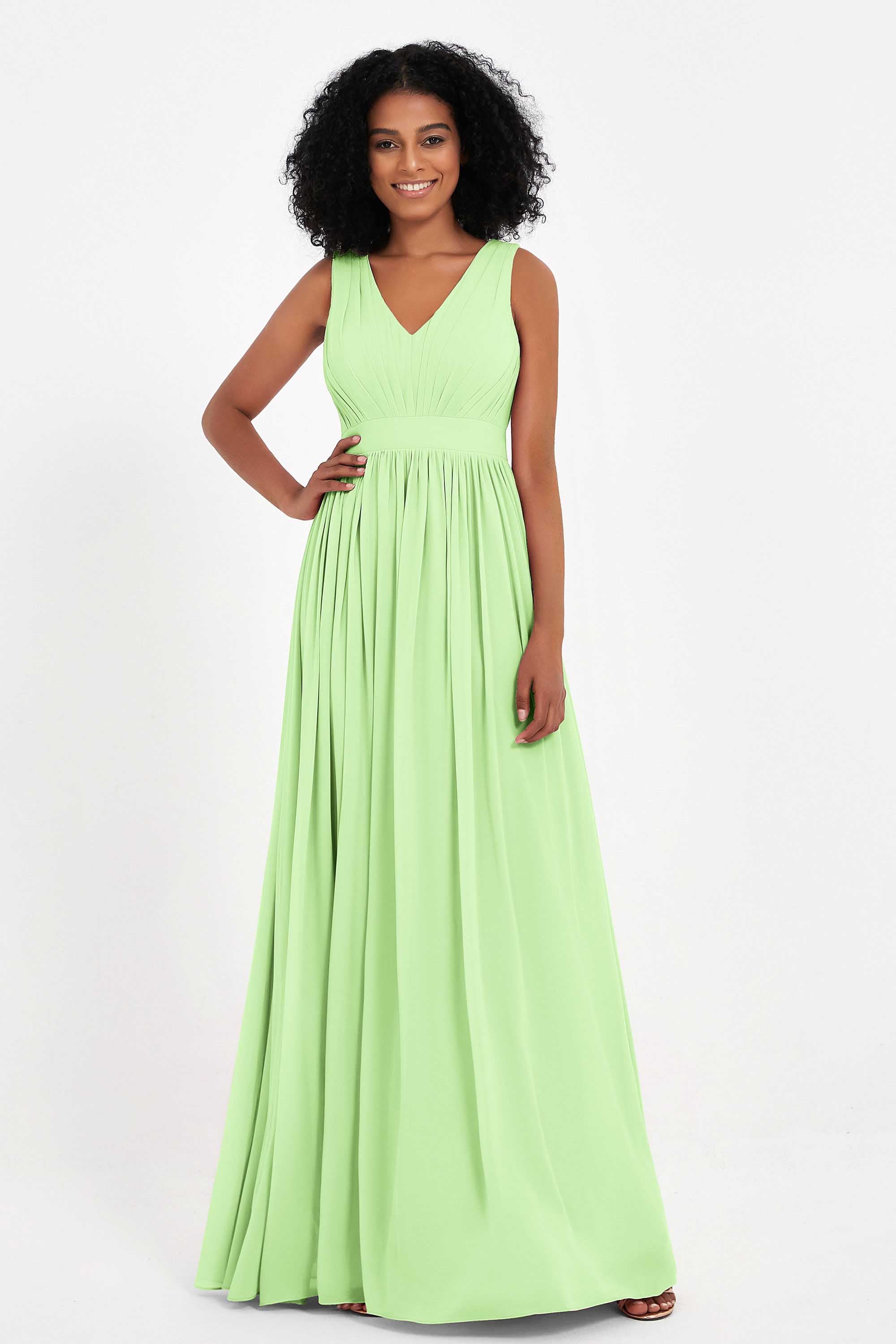 Modest Long Chiffon Bridesmaid Dress Sleeveless Pleated Ruched Formal Evening Dresses Gowns