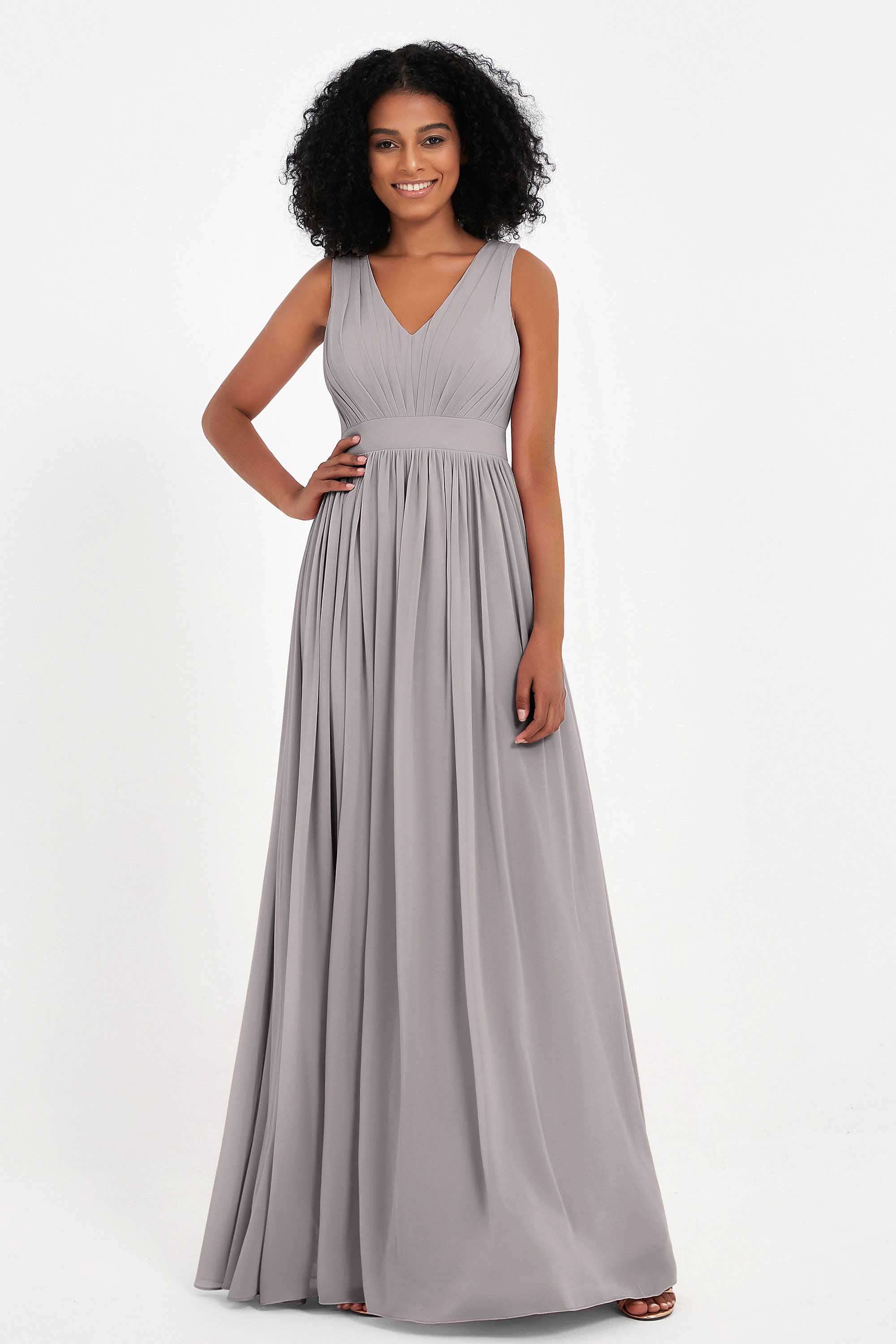 Modest Long Chiffon Bridesmaid Dress Sleeveless Pleated Ruched Formal Evening Dresses Gowns