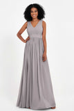 Modest Long Chiffon Bridesmaid Dress Sleeveless Pleated Ruched Formal Evening Dresses Gowns