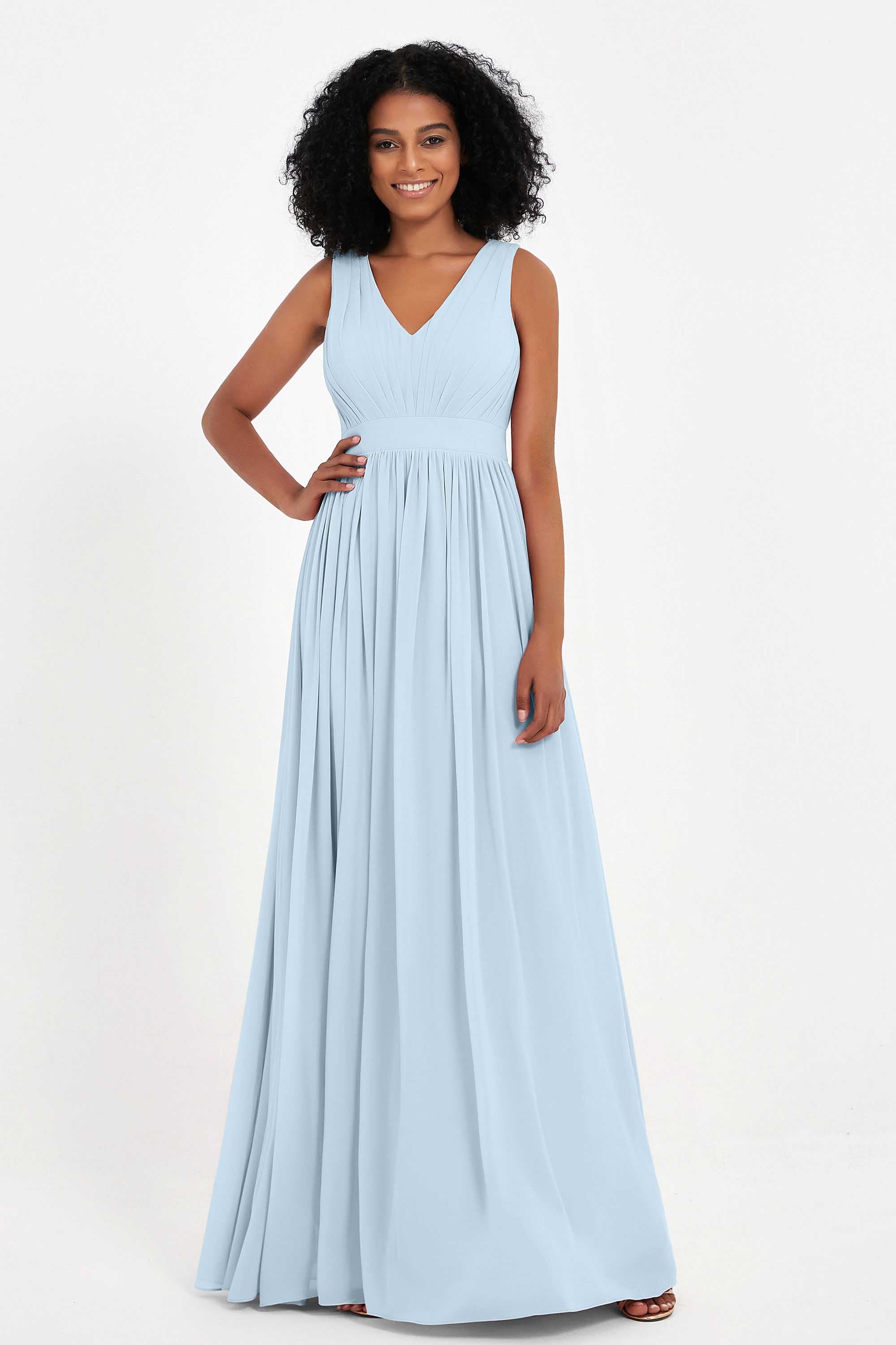 Modest Long Chiffon Bridesmaid Dress Sleeveless Pleated Ruched Formal Evening Dresses Gowns