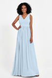 Modest Long Chiffon Bridesmaid Dress Sleeveless Pleated Ruched Formal Evening Dresses Gowns