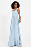 Modest Long Chiffon Bridesmaid Dress Sleeveless Pleated Ruched Formal Evening Dresses Gowns