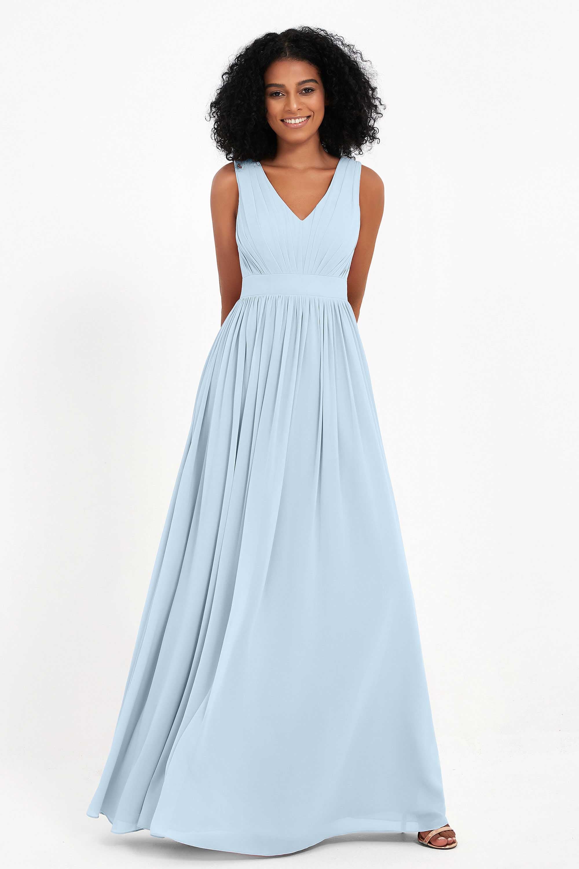 Modest Long Chiffon Bridesmaid Dress Sleeveless Pleated Ruched Formal Evening Dresses Gowns