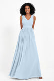 Modest Long Chiffon Bridesmaid Dress Sleeveless Pleated Ruched Formal Evening Dresses Gowns
