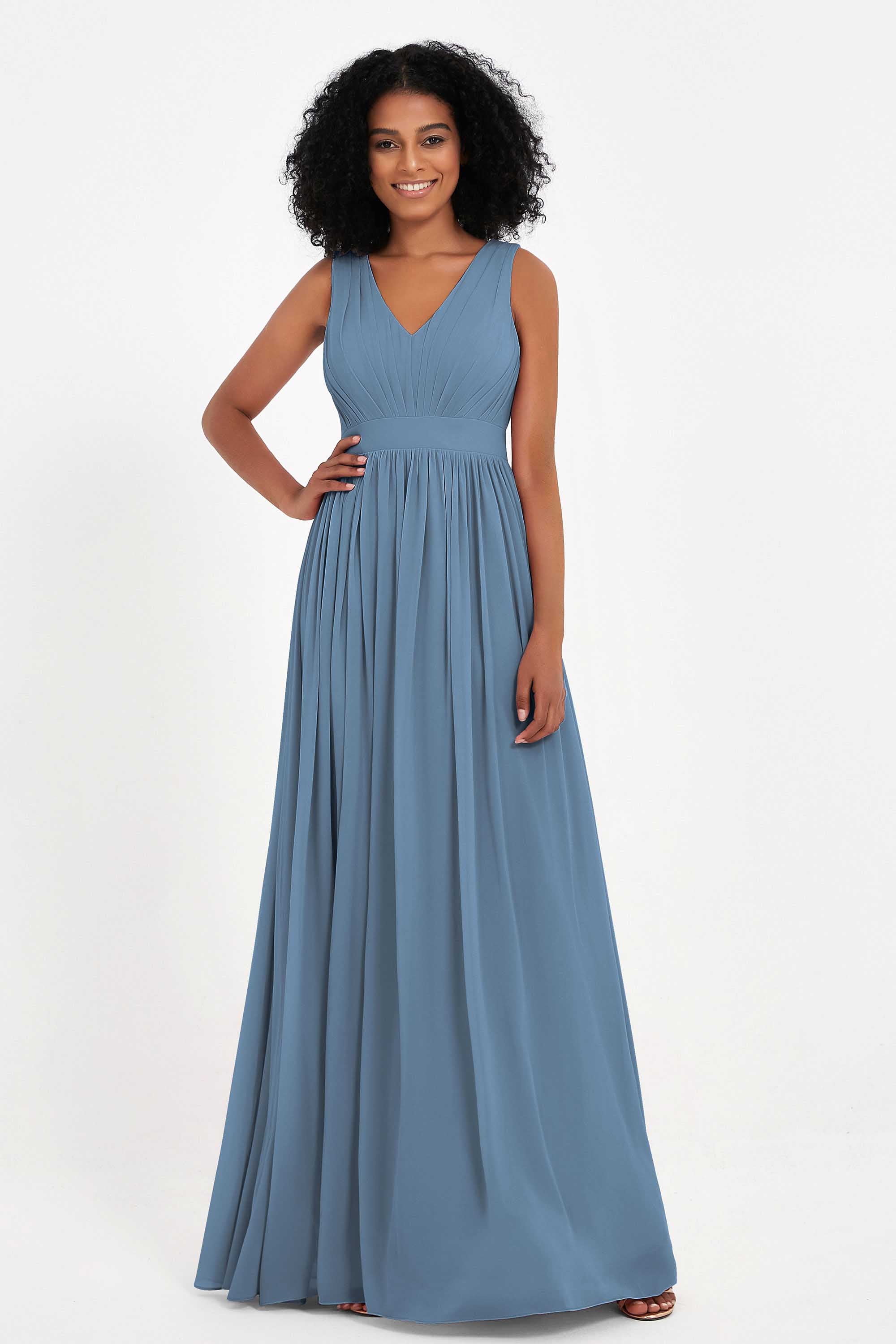 Modest Long Chiffon Bridesmaid Dress Sleeveless Pleated Ruched Formal Evening Dresses Gowns