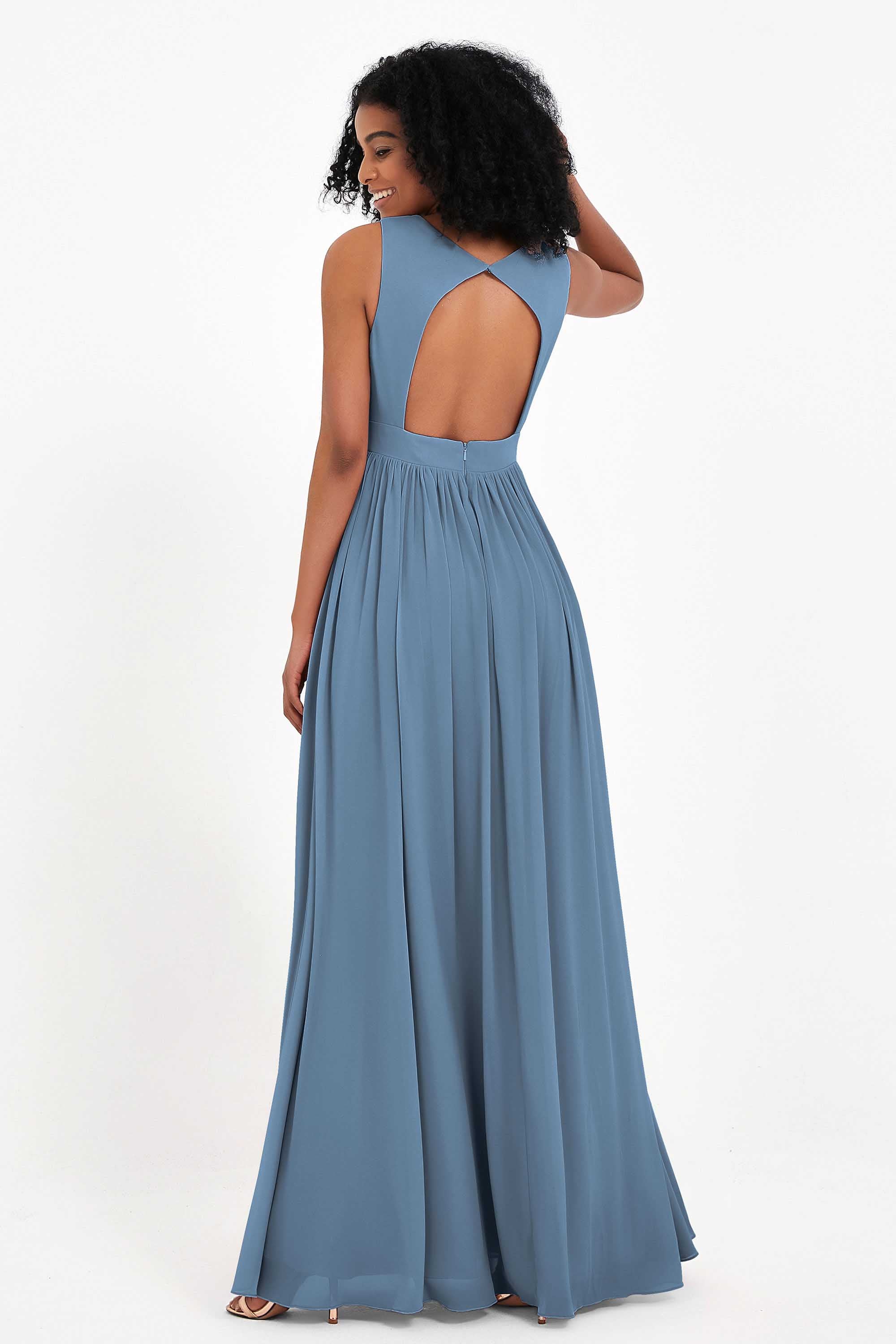 Modest Long Chiffon Bridesmaid Dress Sleeveless Pleated Ruched Formal Evening Dresses Gowns