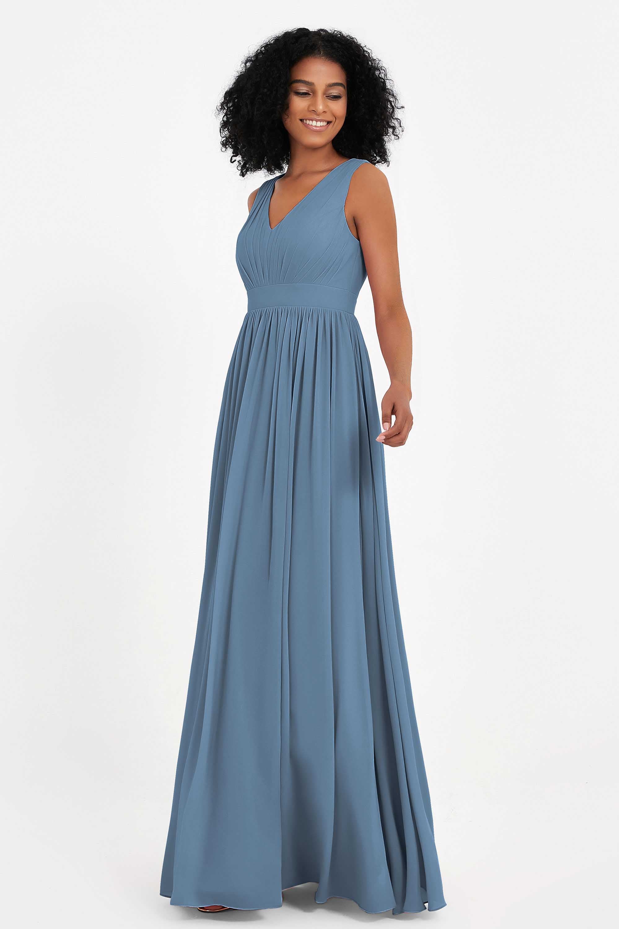 Modest Long Chiffon Bridesmaid Dress Sleeveless Pleated Ruched Formal Evening Dresses Gowns