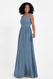 Modest Long Chiffon Bridesmaid Dress Sleeveless Pleated Ruched Formal Evening Dresses Gowns