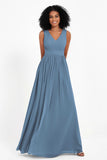 Modest Long Chiffon Bridesmaid Dress Sleeveless Pleated Ruched Formal Evening Dresses Gowns