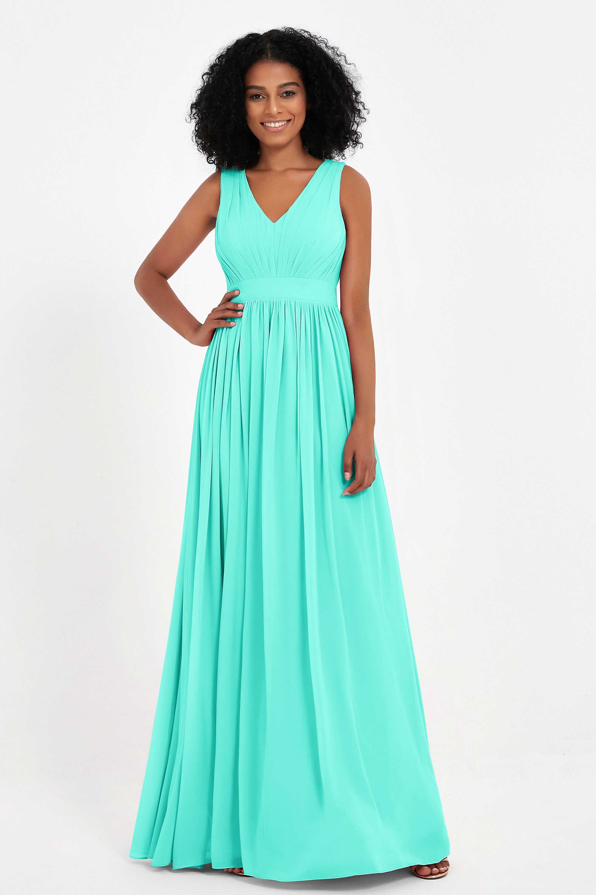 Modest Long Chiffon Bridesmaid Dress Sleeveless Pleated Ruched Formal Evening Dresses Gowns