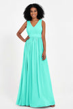 Modest Long Chiffon Bridesmaid Dress Sleeveless Pleated Ruched Formal Evening Dresses Gowns