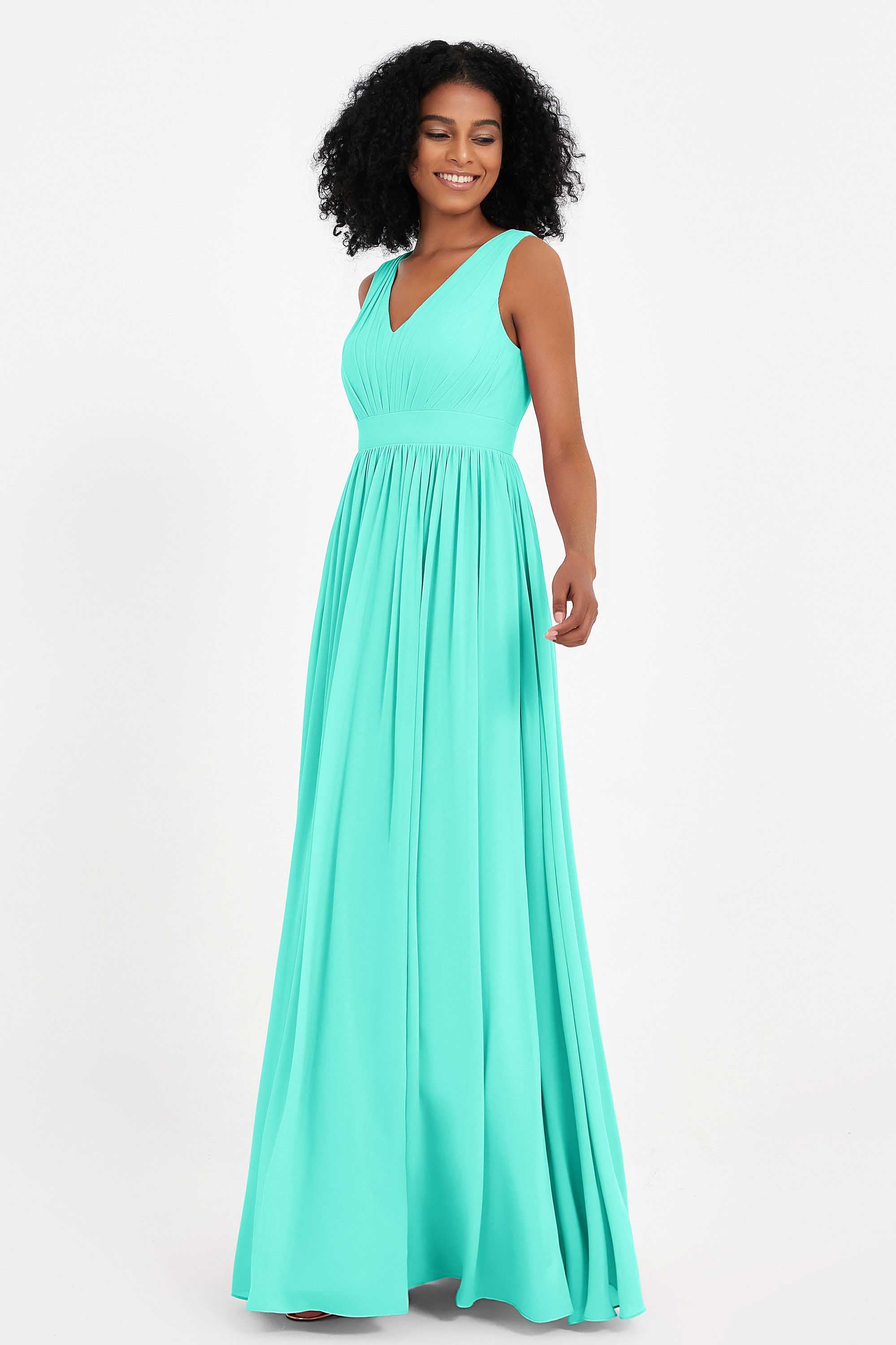 Modest Long Chiffon Bridesmaid Dress Sleeveless Pleated Ruched Formal Evening Dresses Gowns