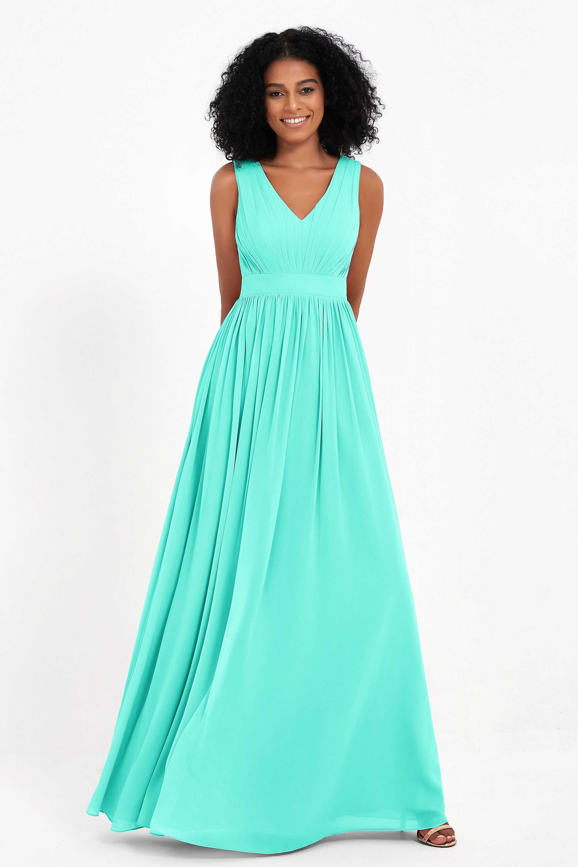 Modest Long Chiffon Bridesmaid Dress Sleeveless Pleated Ruched Formal Evening Dresses Gowns