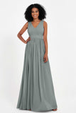 Modest Long Chiffon Bridesmaid Dress Sleeveless Pleated Ruched Formal Evening Dresses Gowns