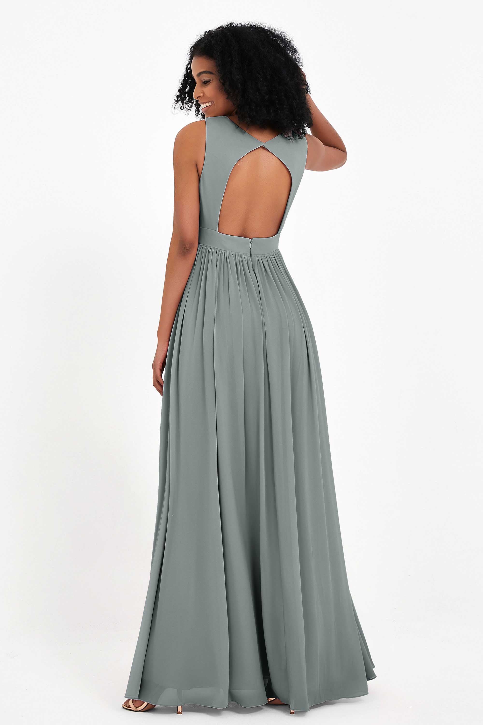 Modest Long Chiffon Bridesmaid Dress Sleeveless Pleated Ruched Formal Evening Dresses Gowns