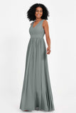 Modest Long Chiffon Bridesmaid Dress Sleeveless Pleated Ruched Formal Evening Dresses Gowns