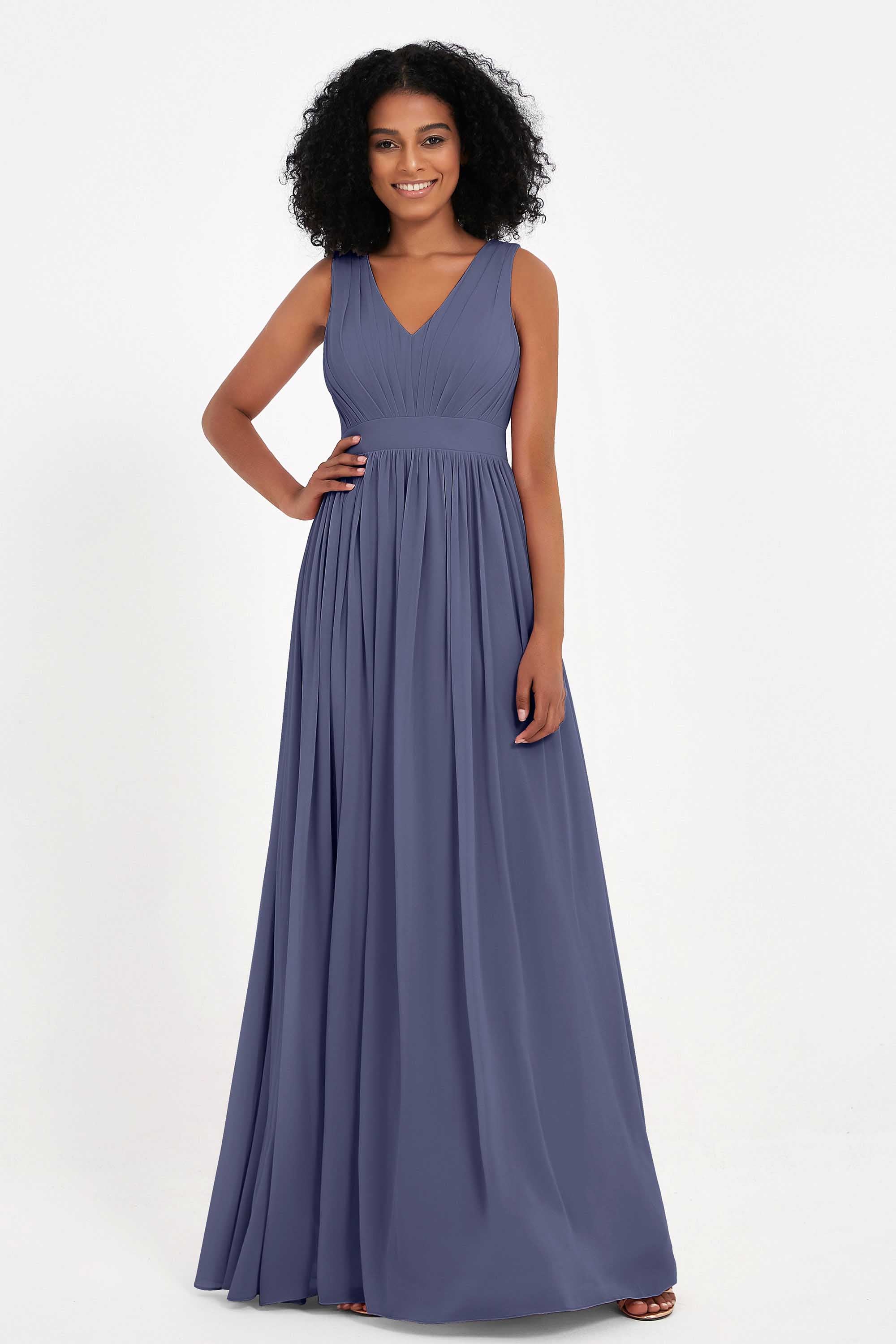 Modest Long Chiffon Bridesmaid Dress Sleeveless Pleated Ruched Formal Evening Dresses Gowns