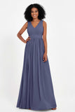Modest Long Chiffon Bridesmaid Dress Sleeveless Pleated Ruched Formal Evening Dresses Gowns