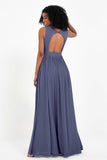 Modest Long Chiffon Bridesmaid Dress Sleeveless Pleated Ruched Formal Evening Dresses Gowns