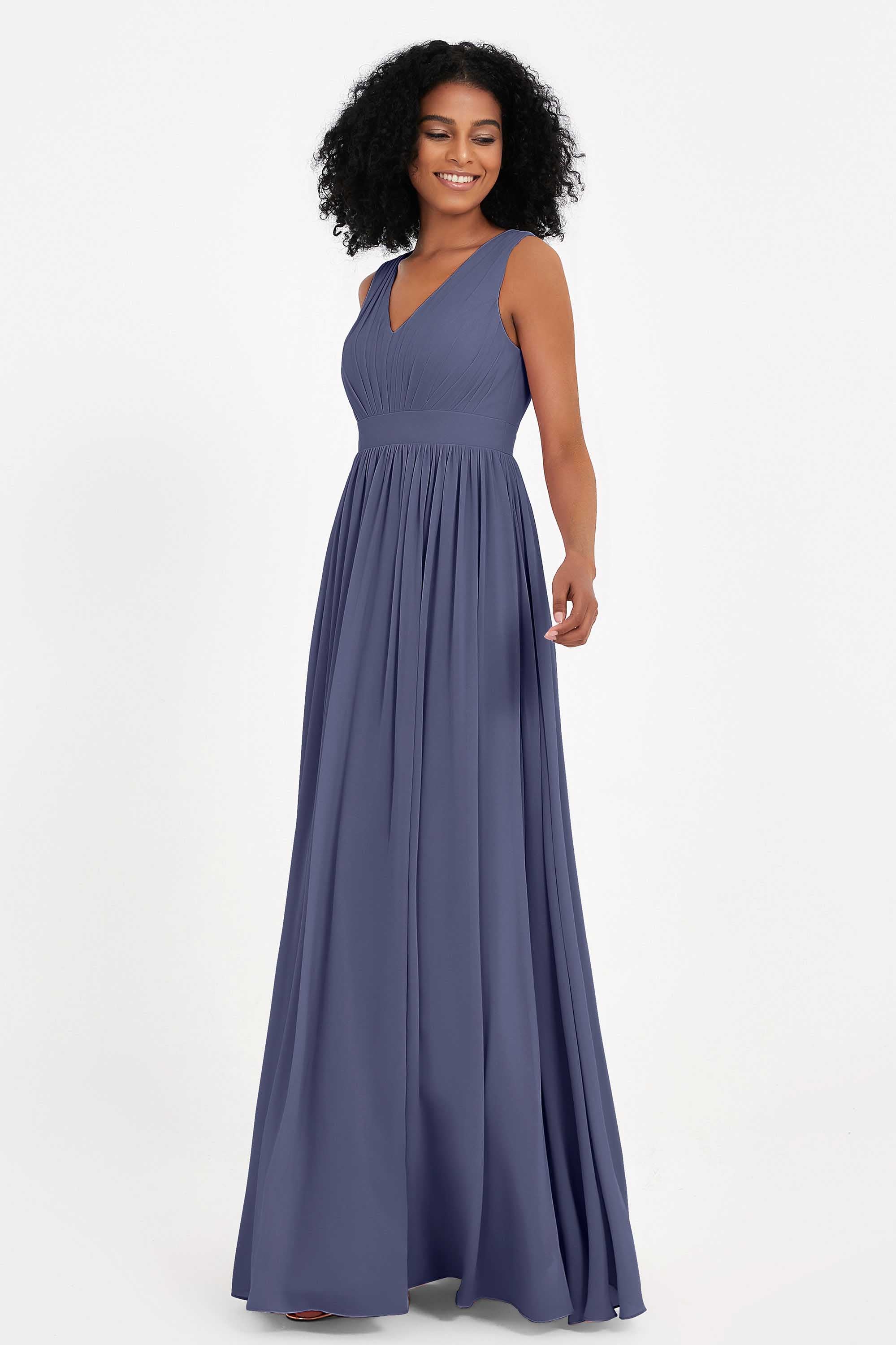 Modest Long Chiffon Bridesmaid Dress Sleeveless Pleated Ruched Formal Evening Dresses Gowns