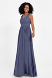 Modest Long Chiffon Bridesmaid Dress Sleeveless Pleated Ruched Formal Evening Dresses Gowns