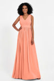 Modest Long Chiffon Bridesmaid Dress Sleeveless Pleated Ruched Formal Evening Dresses Gowns