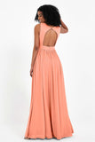 Modest Long Chiffon Bridesmaid Dress Sleeveless Pleated Ruched Formal Evening Dresses Gowns