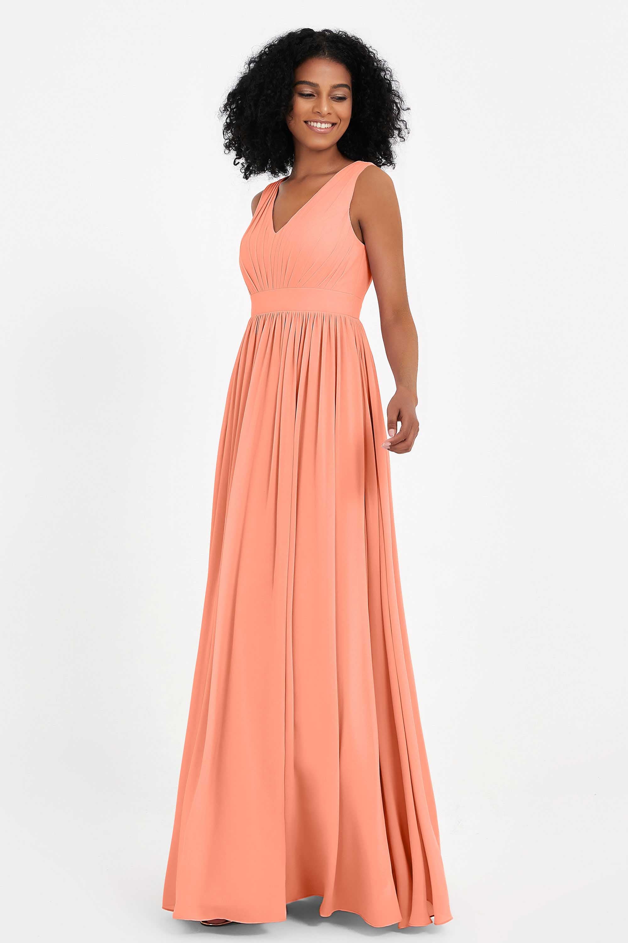 Modest Long Chiffon Bridesmaid Dress Sleeveless Pleated Ruched Formal Evening Dresses Gowns