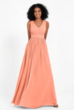 Modest Long Chiffon Bridesmaid Dress Sleeveless Pleated Ruched Formal Evening Dresses Gowns