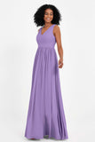 Modest Long Chiffon Bridesmaid Dress Sleeveless Pleated Ruched Formal Evening Dresses Gowns