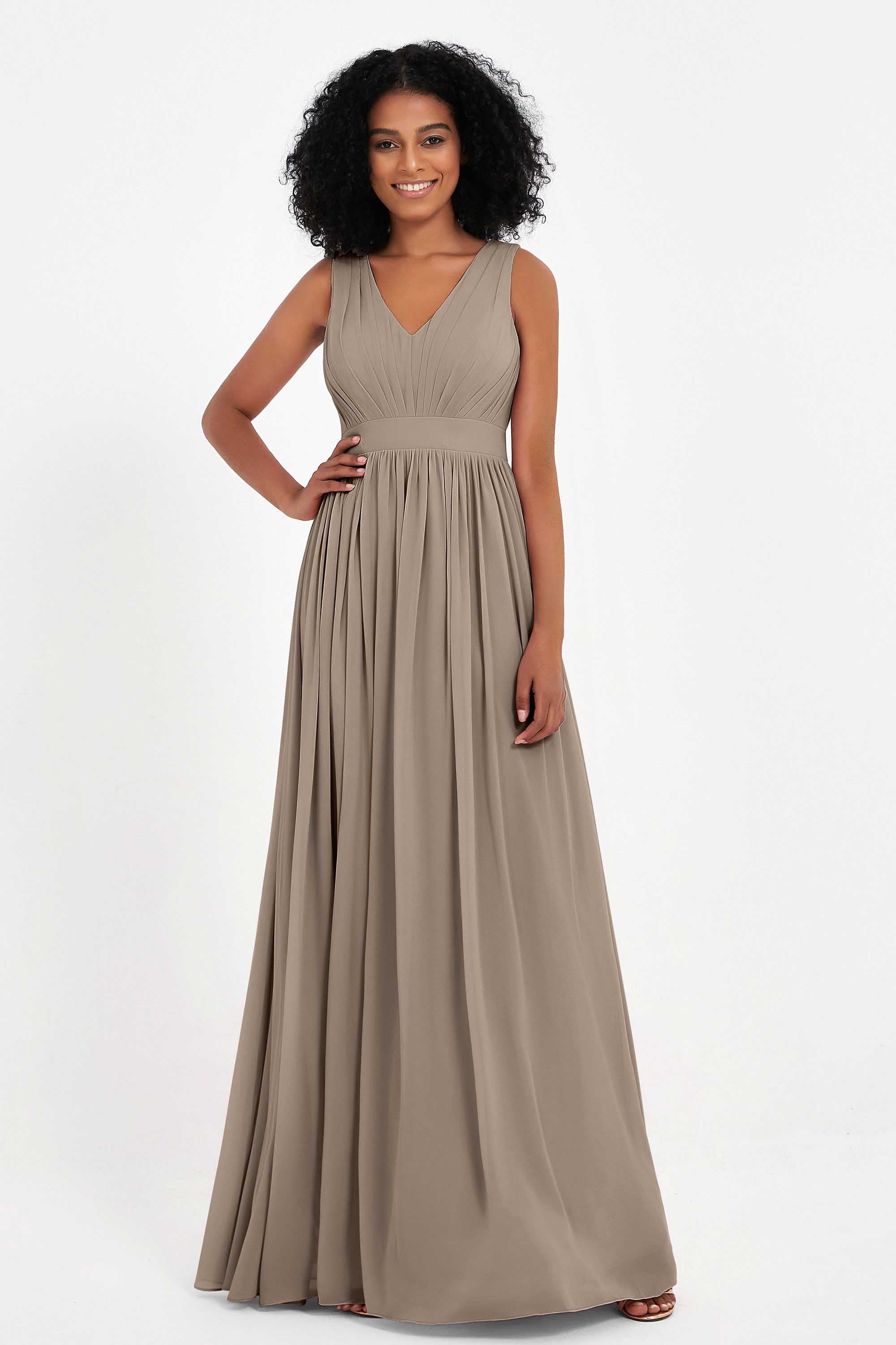 Modest Long Chiffon Bridesmaid Dress Sleeveless Pleated Ruched Formal Evening Dresses Gowns