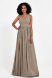 Modest Long Chiffon Bridesmaid Dress Sleeveless Pleated Ruched Formal Evening Dresses Gowns